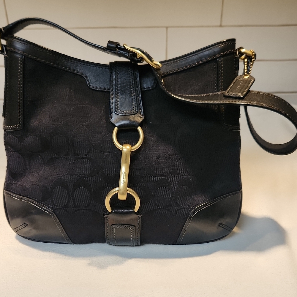 Coach Black Leather and Fabric Logo